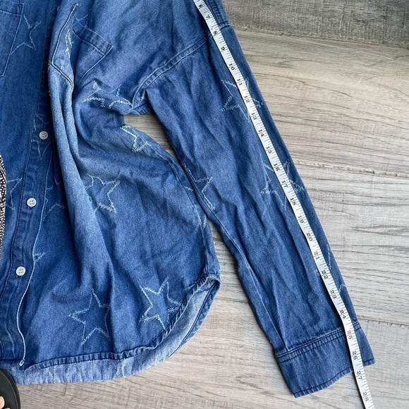 Fun Denim Button Down Shirt Distressed Star Pattern Throughout Boxy Cut SZ M - Picture 8 of 11